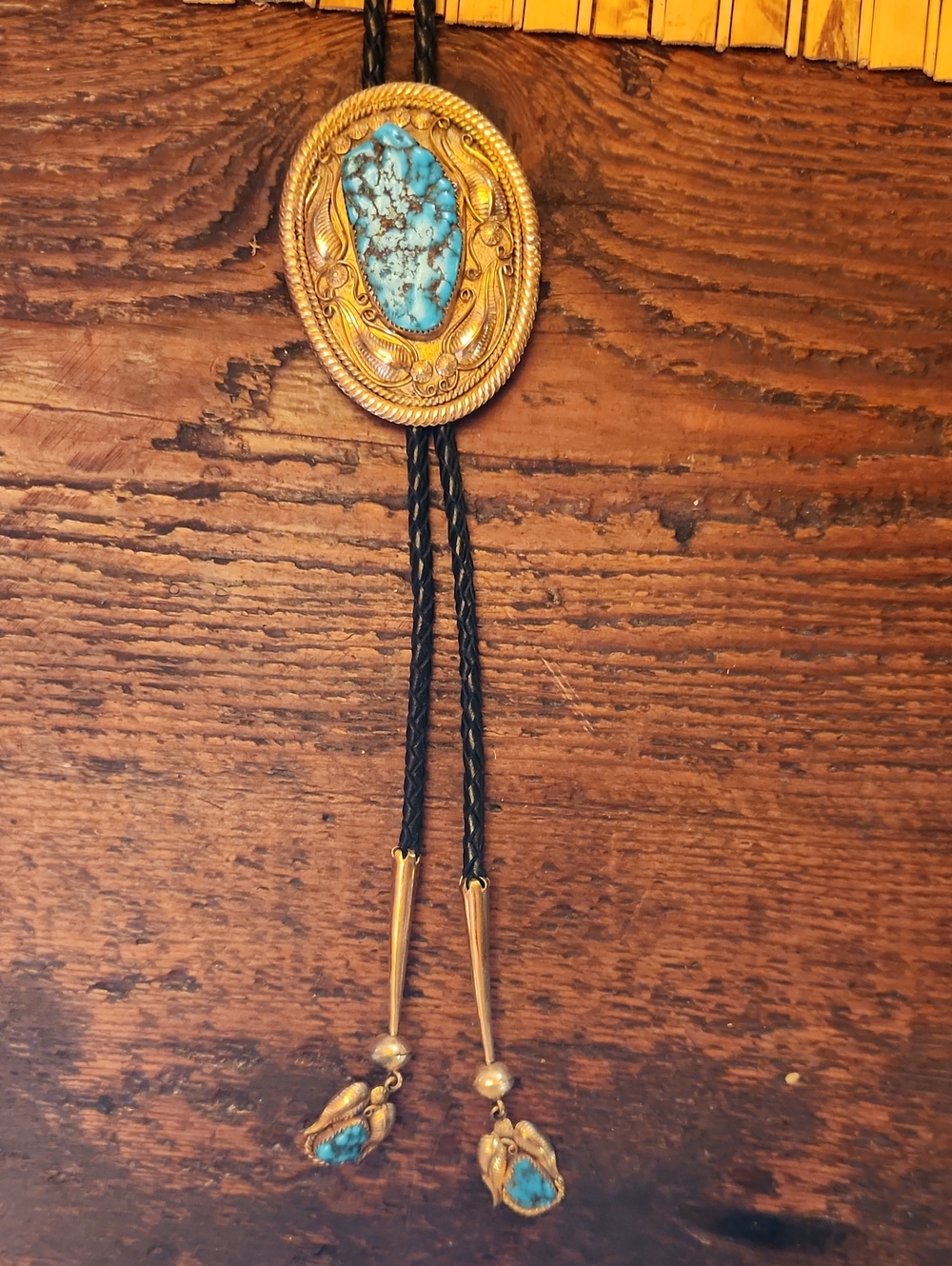 Turquoise and Gold Western Bolo Tie - Handcrafted Home Wall Decor